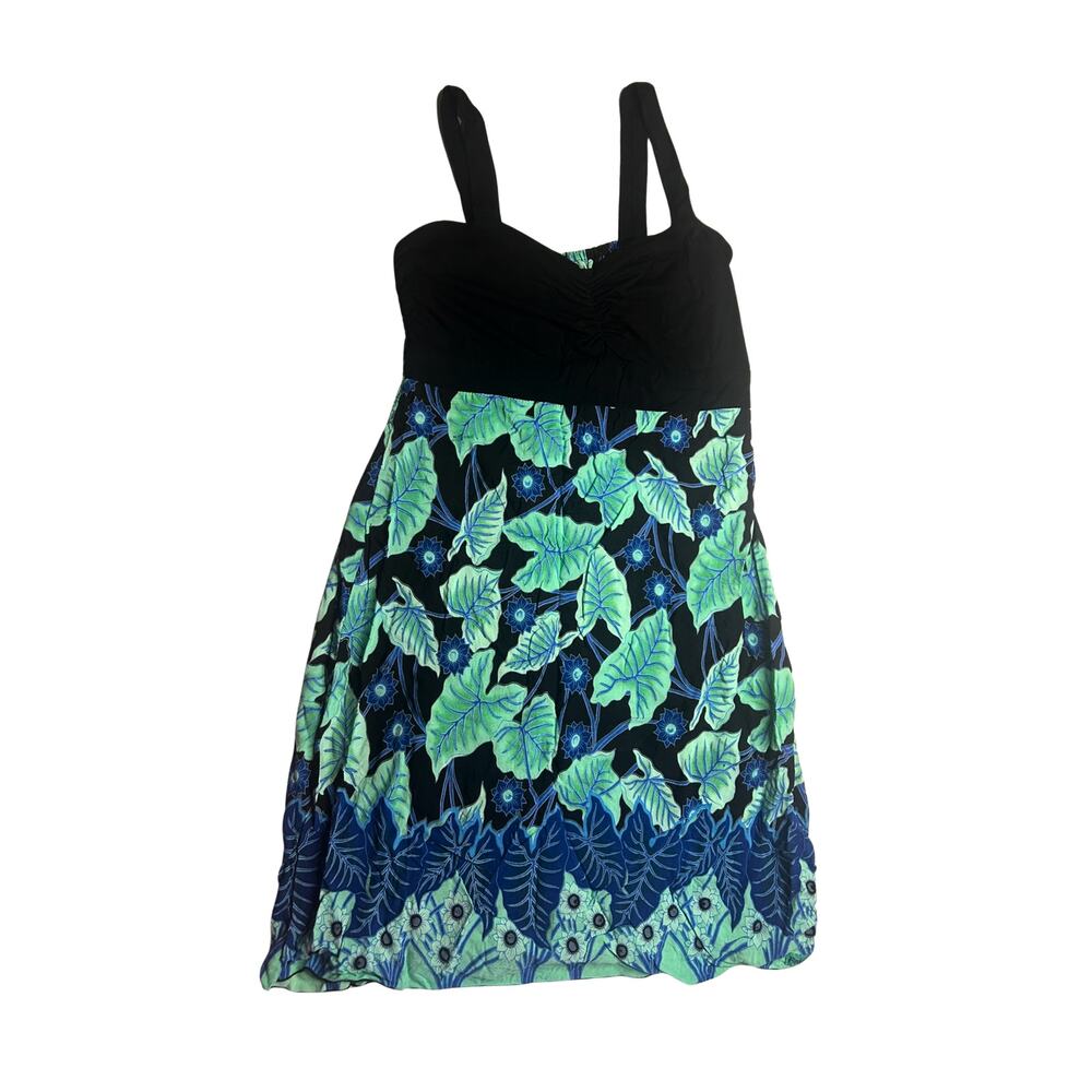 Rainbow Jo M Blue Kalo Leaf Lycra Mini Dress Hand Silk Screened Hawaii Tropical